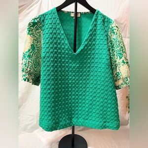 Umgee Green Textured V-Neck Blouse with Patterned Sleeves